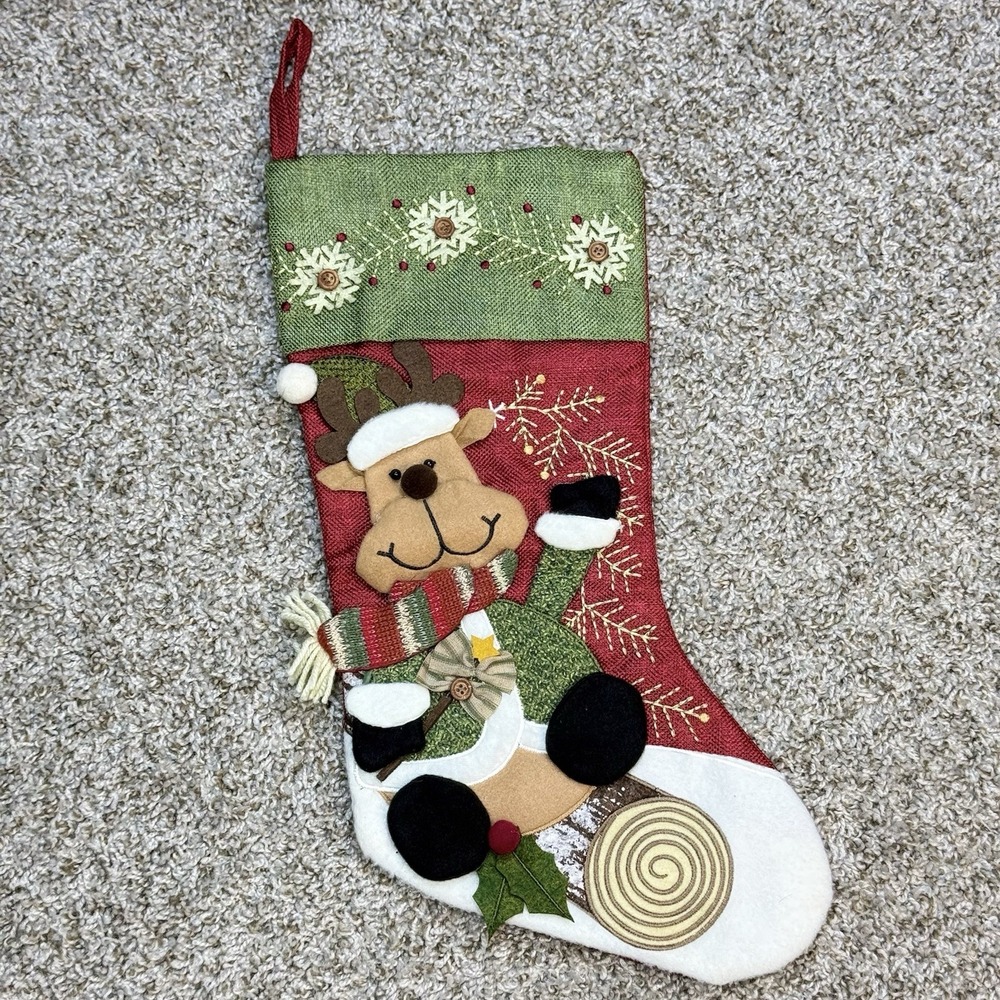 VTG 00's Skiing Reindeer Christmas Stocking Red Green 3D Applique Snowflake 17in